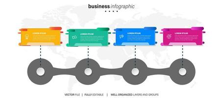 Linha do tempo infográfico com infográfico. moderno apresentação modelo com 4 passos para o negócio processo. local na rede Internet modelo em branco fundo para conceito moderno Projeto. horizontal layout. vetor