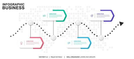 conceito do seta o negócio modelo com 4 sucessivo passos. quatro colorida gráfico elementos. Linha do tempo Projeto para folheto, apresentação. infográfico Projeto disposição vetor