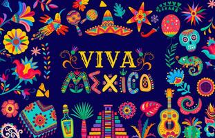 Viva México bandeira com flores, mexicano sombrero vetor