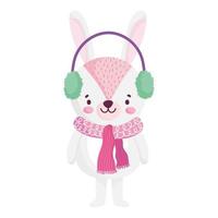 Feliz Natal, coelho fofo com protetores de ouvido e cachecol desenho de animal vetor