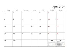 abril 2024 simples calendário planejador, semana começa a partir de segunda-feira. vetor