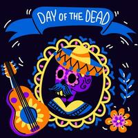 vetor cartão postal com a ilustração do a mexicano feriado dia de mortos. uma cartão postal com uma tradicional masculino retrato dentro uma quadro, calêndula flores, uma guitarra e a inscrição dia do a morto