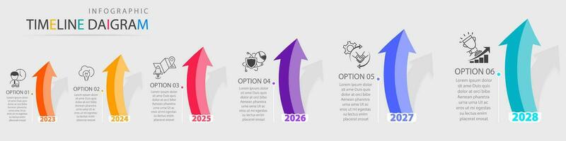 Linha do tempo infográfico modelo com 6 opções para exibição o negócio dados e Estatisticas vetor