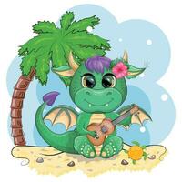 fofa desenho animado verde bebê Dragão com ukulele em a de praia. símbolo do 2024 de acordo com para a chinês calendário vetor