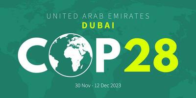 policial28 uae. anual Unidos nações clima mudança conferência. dubai, Unidos árabe emirados, dentro novembro 2023. internacional clima cume bandeira. global aquecimento. vetor ilustração