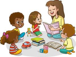 ilustração do multirracial crianças e professor sentado em a chão e lendo a leitura de livro e explorando vetor