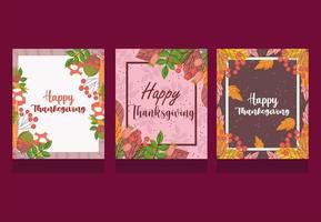 Feliz Dia de Ação de Graças, cartões de coleção com letras de celebração da temporada de folhagem outonal vetor