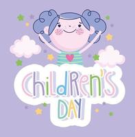 dia das crianças, desenho de menina e letras coloridas vetor