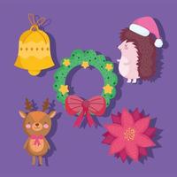 Feliz Natal, fofa coroa de ouriço, flor, veado, flor e ícones de desenho de sino vetor