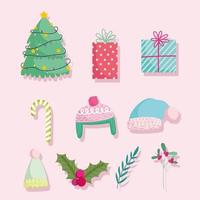 Feliz Natal, Fofos Desenhos Animados Árvore Presentes Doces Bengala, Chapéu Quente e Holly Berry Ícones vetor