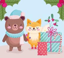 Feliz Natal, Urso Fofinho e Raposa com presentes e desenho animado do bastão de doces vetor