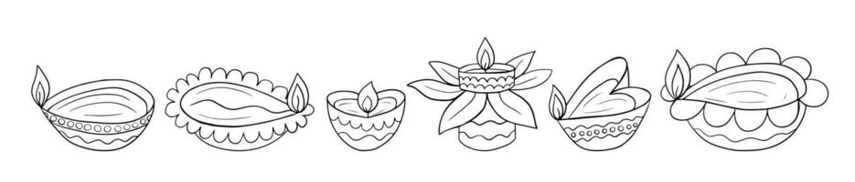 diwali diferente formas diya definir. mão desenhado diwali lâmpadas deepak vetor rabisco conjunto