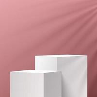 moderno pódio de pedestal de cubo branco e cinza com sombra de folha de palmeira verde. plataforma geométrica. cena de parede mínima de cor rosa pastel abstrata. renderização do vetor forma 3d, apresentação de exibição do produto.