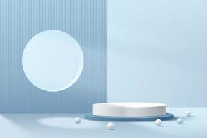 moderno pódio de pedestal de cilindro branco e azul com bola esférica. cena mínima abstrata de cor azul pastel. plataforma geométrica e pano de fundo. renderização do vetor forma 3d, apresentação de exibição do produto.