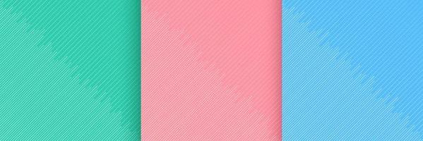 conjunto de listra de design mínimo abstrato e padrão de linhas diagonais em fundo verde rosa e azul. design de cor plana na moda simples para apresentação, folheto, brochura, site, primeira página. ilustração vetorial vetor