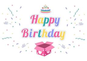 feliz aniversário comemorando ilustração com design de balões, chapéus, confetes, presentes e bolos vetor