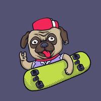 ilustração hipster cão pug patinador vetor