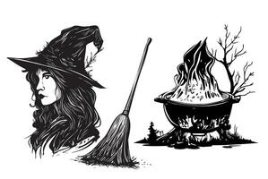 bruxa com vassoura e cuba para poção dia das Bruxas conjunto esboço mão desenhado vetor ilustração