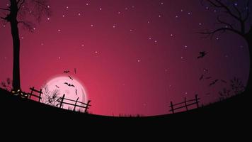 fundo de halloween, lua cheia rosa, céu estrelado, campo claro com cerca, grama, árvores, morcegos e uma bruxa em uma vassoura. fundo de halloween para suas artes vetor