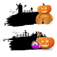 modelo de halloween, dois modelos pretos para o seu texto com ursinho de pelúcia com cabeça de abóbora de jack, livro de feitiços e jack de abóbora. bandeira preta isolada no fundo branco vetor