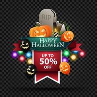 liquidação de halloween, desconto de até 50, banner da web com desconto em forma de fita com lápide e jack de abóbora vetor