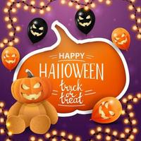 feliz dia das bruxas, doce ou travessura, cartão postal de saudação criativa com abóbora grande, balões de halloween e ursinho de pelúcia com cabeça de abóbora vetor