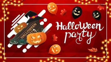 festa de halloween, cartaz de nvitation vermelho com textura poligonal no fundo e placa de madeira, chapéu de bruxa e jack de abóbora vetor