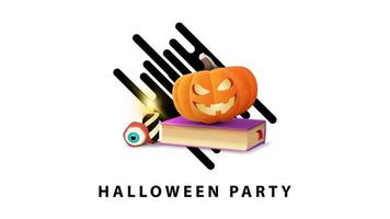 festa de halloween, cartão postal branco elegante e minimalista com livro de feitiços e jack de abóbora vetor