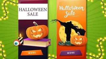 dois modelos de desconto de halloween para sua criatividade na forma de fitas verticais com livro de feitiços, espantalho e jaque de abóbora vetor