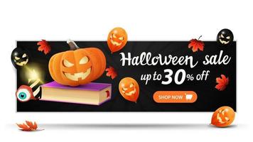 promoção de halloween, até 30 de desconto, banner horizontal preto de desconto com balões de halloween, livro de feitiços e jack de abóbora vetor