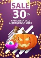 Venda de halloween e semana de desconto, até 30 de desconto, banner vertical roxo da web com jack de abóbora e poção de bruxa vetor