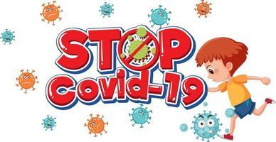 stop logotipo covid-19 ou banner com personagem de desenho animado infantil vetor