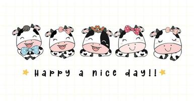 grupo do feliz desenho animado bezerro amigos. fofa bebê vacas dentro brincalhão ilustração bandeira. vetor