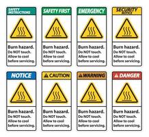 segurança de risco de queimadura, não toque no sinal da etiqueta no fundo branco vetor