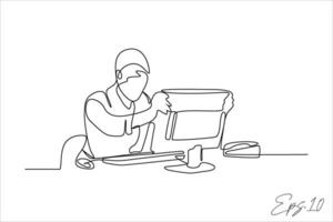 contínuo linha vetor ilustração do homem trabalhando dentro frente do computador
