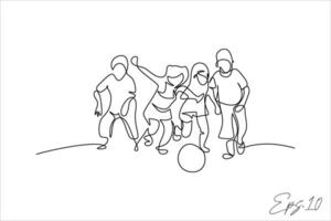 contínuo linha vetor ilustração do crianças jogando bola