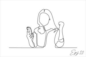 contínuo linha vetor ilustração do mulher segurando uma célula telefone