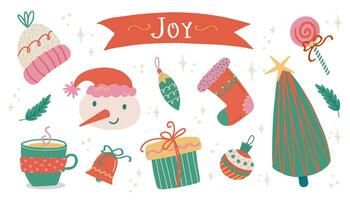 Natal e Novo ano elementos definir. alegria rótulo rotulação. mão desenhado vetor isolado fofa adesivos. boneco de neve, Natal árvore, meia, pirulito, caneca, árvore brinquedos. Boa para cartões, impressões, cartazes