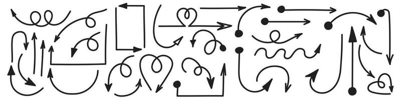 conjunto do vetor mão desenhado curvado Setas; flechas. coleção do ponteiros. vetor ilustração.