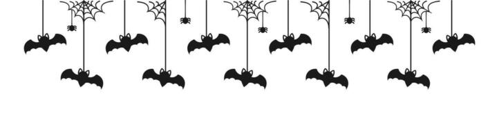 feliz dia das Bruxas bandeira fronteira com morcegos suspensão a partir de aranha teias silhueta. assustador enfeites decoração vetor ilustração, truque ou tratar festa convite