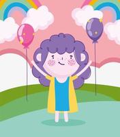dia das crianças, desenho animado de uma menina na grama com uma celebração de balões de arco-íris vetor