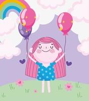 dia das crianças, desenho animado menina com balões de arco-íris na grama vetor