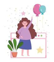 festa online, site de meninas com balões e decoração de plantas vetor