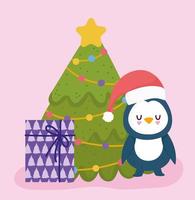 Feliz Natal, pinguim fofo com árvore de chapéu e cartão de comemoração de presente vetor