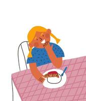 fofa ilustração do a pequeno menina comendo croissant em a mesa com Rosa toalha de mesa. parian cafeteria cena. crianças ilustração para cenário livro sobre Comida. vetor