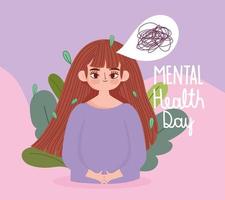 dia mundial da saúde mental, expressão de depressão de mulher de desenho animado vetor