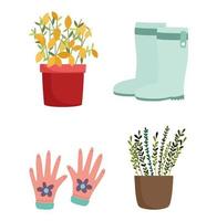 jardinagem, plantas em vasos, flores, luvas e ícones de botas vetor