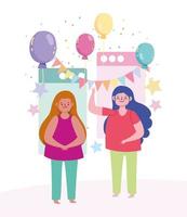 festa online, mulheres jovens feliz celebração aniversário balões e bandeirolas decoração vetor