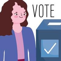 conceito de votação e eleição, mulher de desenho animado com caixa de papelão de voto vetor