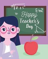 feliz dia dos professores, professor com maçã e quadro-negro com letras vetor